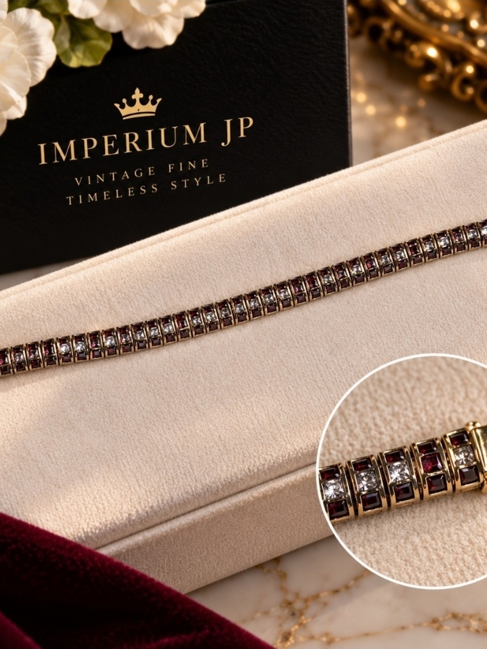 Vintage Style Gold Tone Ruby Red Rhinestone Tennis Bracelet